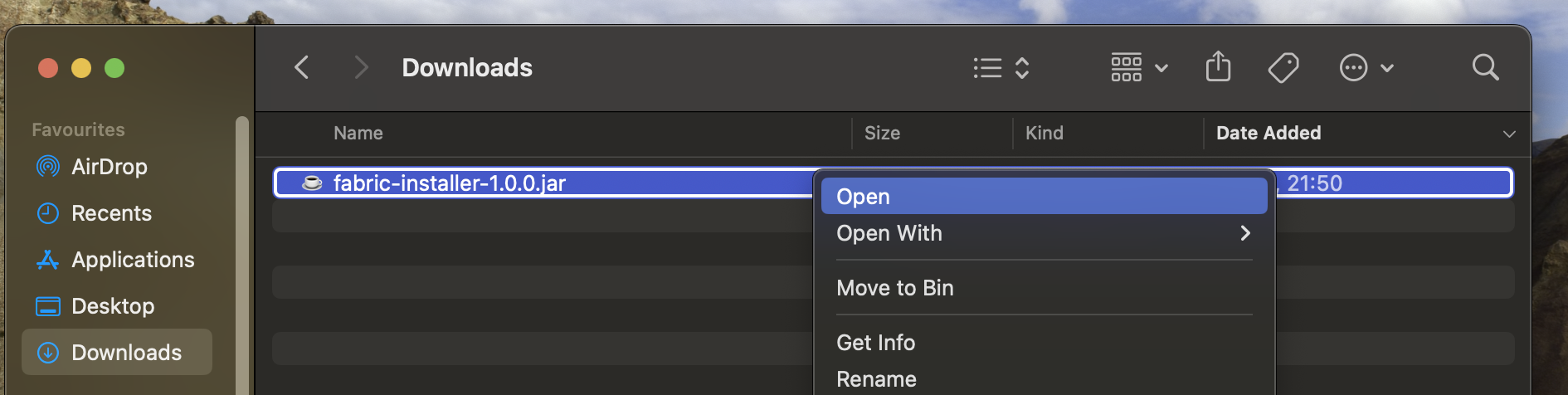 MacOS context menu on Fabric Installer