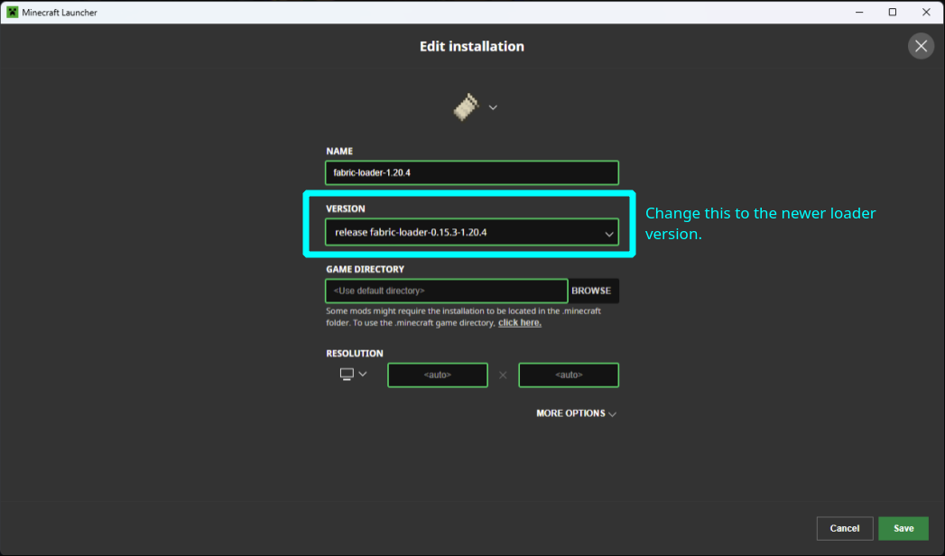 Updating Fabric Loader version in the Minecraft Launcher